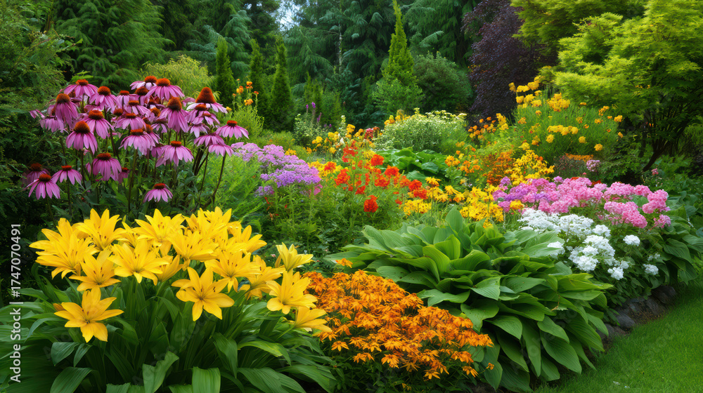 Fototapeta premium A vibrant flower garden bursts with color from yellow tulips, orange lilies, pink coneflowers, and other assorted blooms, creating a lush and beautiful landscape.