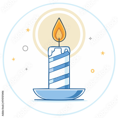 Brightly lit striped candle illustration with glowing flame perfect for events and celebrations