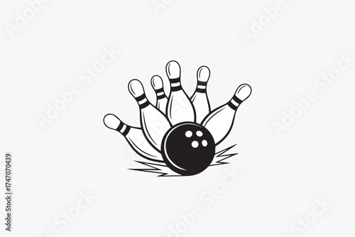Bowling Strike Icon Ten Pin Ball Knocking Down Pins Black and White Vector Illustration