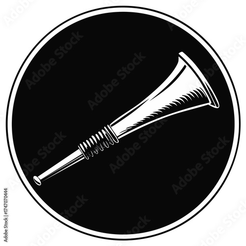 Classic bugle musical instrument illustration in a monochrome round emblem design