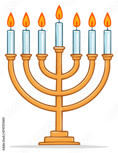 Traditional golden menorah with seven lit candles religious symbol illustration