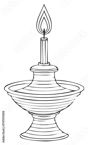 Hand drawn ornate oil lamp with a lit flame