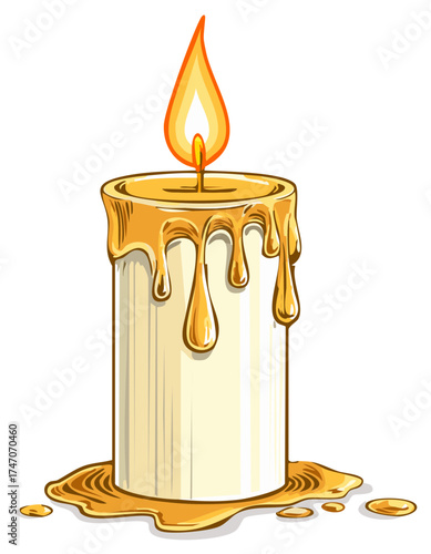 Burning candle illustration, warm light, wax drops and flame, isolated on white.