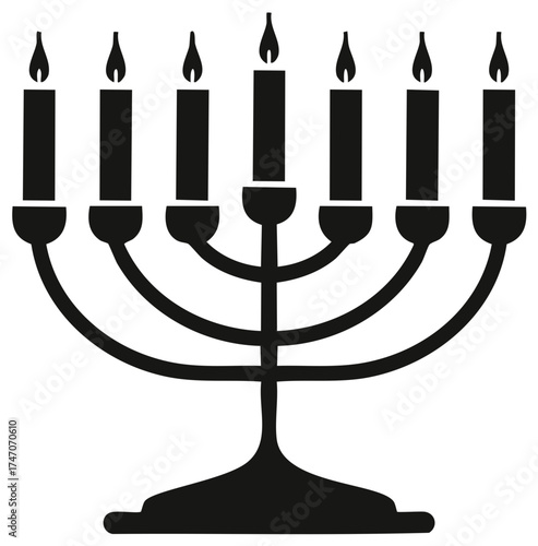 Lit seven-branched menorah silhouette icon, ancient Jewish temple religious symbol