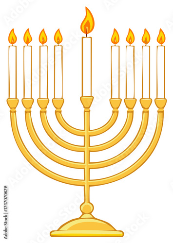 Golden Hanukkah Menorah Illustration with Nine Lit Candles Celebrating Holiday Tradition Judaism