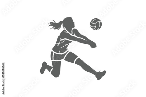 Female Volleyball Player Silhouette Performing Bump Pass Action Sports Vector Illustration Isolated on White