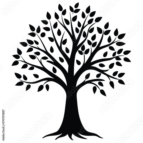 Black tree silhouette with leaves branches