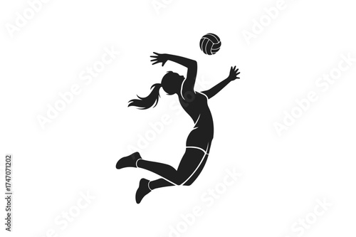 Female Volleyball Player Jumping to Spike Ball Silhouette Monochrome Sports Vector Isolated on White