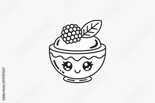 Kawaii Dessert Bowl with Smiling Face and Raspberry Topping Black and White Line Art Vector Isolated on White