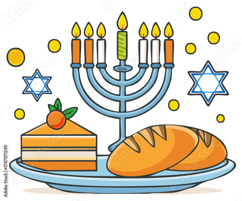 Colorful illustration of a Hanukkah menorah with burning candles, cake, bread, and stars.