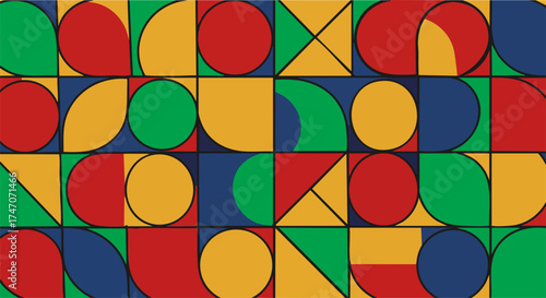 Tableau sur toile Bauhaus Geometry: Bold Primary Circles and Squares Pattern