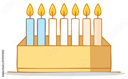 Seven lit candles in a simple wooden holder symbolizing light tradition and spiritual observance