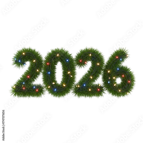 Green christmas tree garland numbers 2026 decorated with lights isolated on transparent background