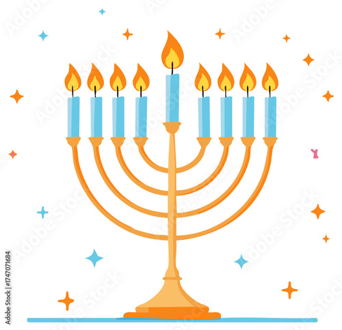 Illustration of a menorah with nine lit candles and decorative stars