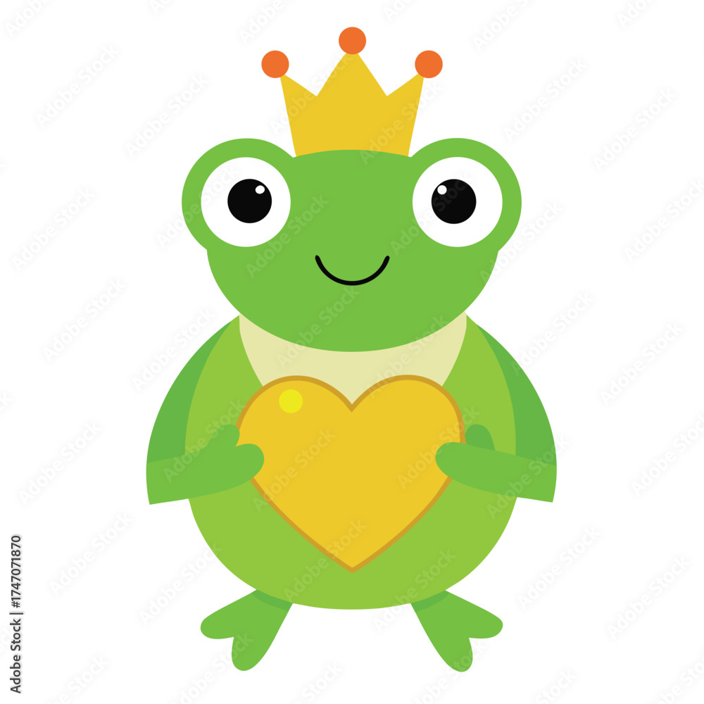 Fototapeta premium Green frog wearing crown holding golden heart cartoon