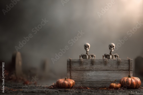 Two spooky skeletons sitting on a wooden box surrounded by pumpkins, perfect for Halloween decorations.