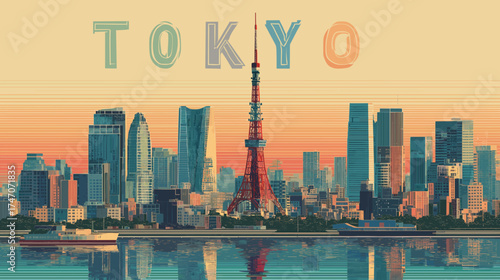 Cityscape of tokyo, capital city of Japan, attractive touristic advertisement poster, beautiful touristic must-see destination. Beautiful tourist destination, in central europe. Modern city in Asia.