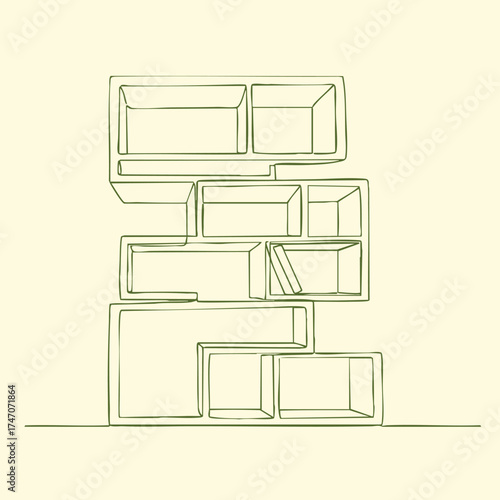 Modern abstract shelving unit with geometric compartments arranged in an artistic and minimalist style on a plain