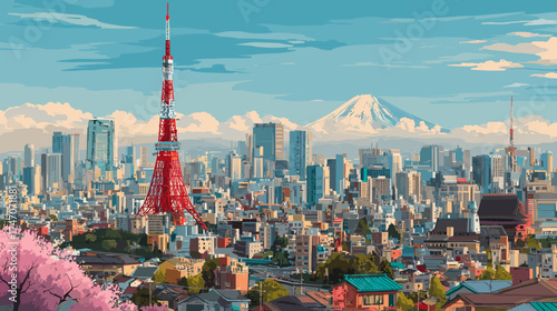 Cityscape of tokyo, capital city of Japan, attractive touristic advertisement poster, beautiful touristic must-see destination. Beautiful tourist destination, in central europe. Modern city in Asia.