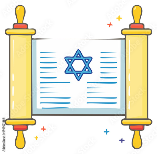 Cartoon Torah Scroll with Star of David Icon Illustration, Jewish Symbol