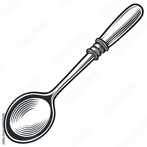 Engraved spoon with ornate handle, utensil for food or condiments, antique silverware detail, dining