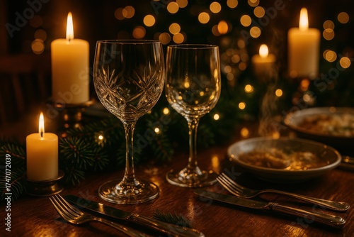 Elegant dining table set for a festive meal with candles and decorated backdrop.