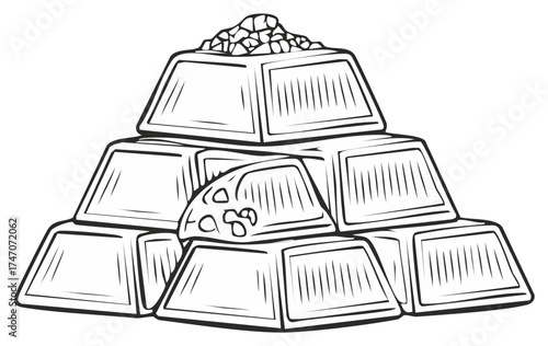 Stack of Gold Bars with Gems and Stones, Precious Metals Pyramid Outline Art Illustration