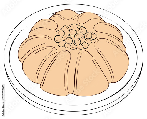 Illustration of a baked pastry served on a plate with a floral design, food concept
