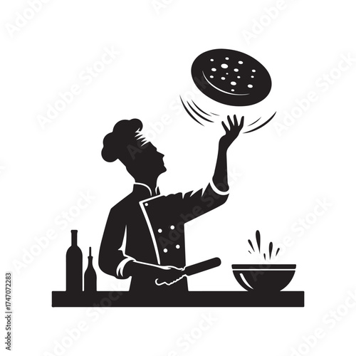 chef tossing pizza dough vector silhouette clip art logo design illustration