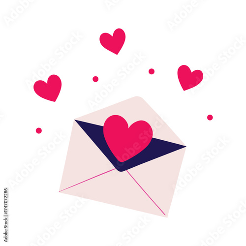 Pink hearts flying from open envelope love romance