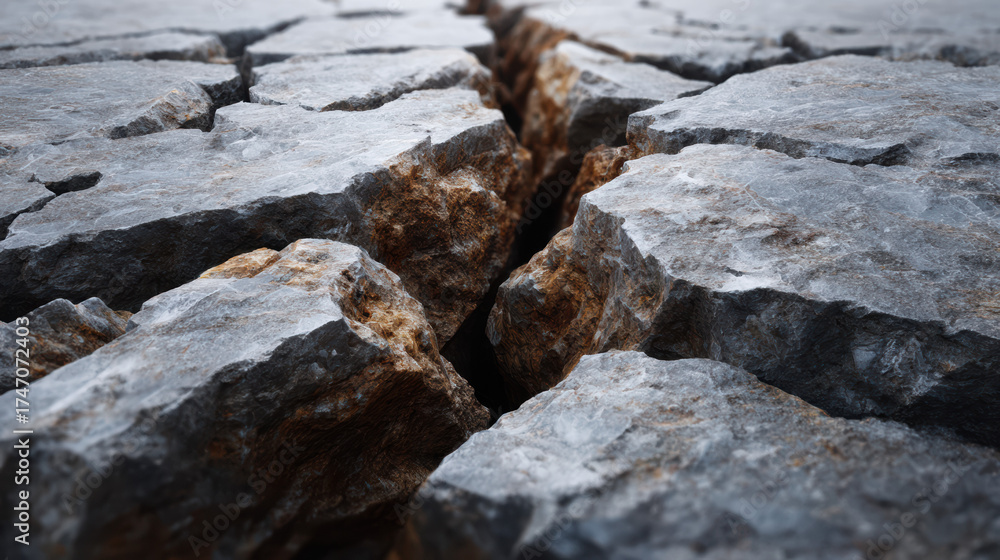 Obraz premium A large fissure divides fractured sedimentary rock, revealing lighter interior stone and creating a sense of geological instability in this detailed close up shot.