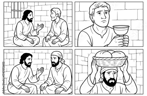 Biblical story of joseph's dream interpretation with prisoners for educational and inspirational use