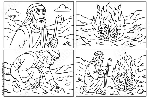 Moses and the burning bush biblical scene for educational or religious materials