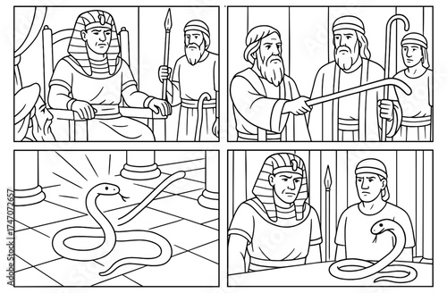 Moses' staff transforming into a snake in biblical scene and pharaoh's court representation