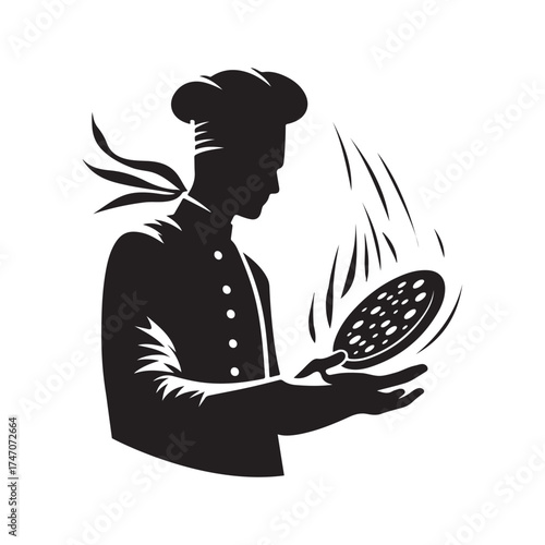 chef tossing pizza dough vector silhouette clip art logo design illustration