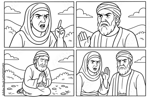 Moses' prayer scene with expressive characters in a serene landscape for religious print design