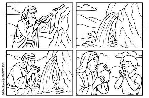Moses strikes the rock biblical scene for educational and religious activities