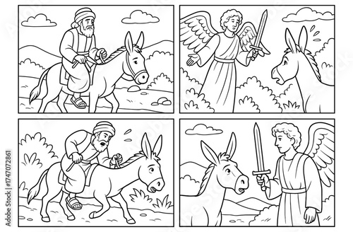 Balaam's donkey and angel encounter biblical story for educational and coloring book design