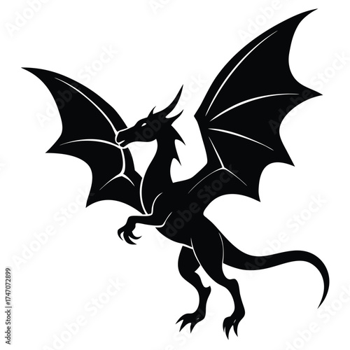 Black dragon flying with spread wings silhouette