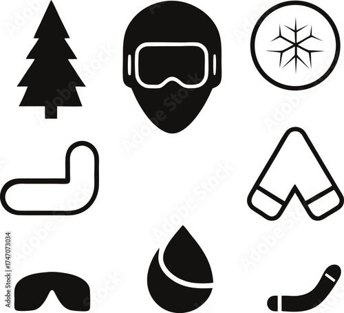 Collection of winter sport and outdoor activity icons in black silhouette isolated on white background isolated on transparent background