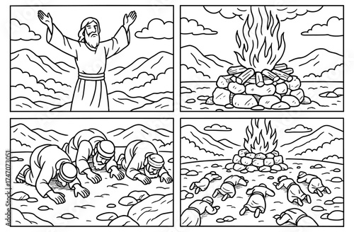 Biblical scene of elijah's miracle: fire from heaven with worshippers in reverence for religious education and inspiration
