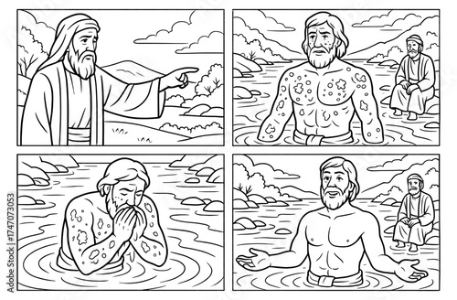 Naaman's healing journey depicted in four-panel comic style artwork