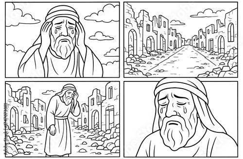Somber scene of jeremiah's lament amidst ruins in monochrome panels for spiritual reflection