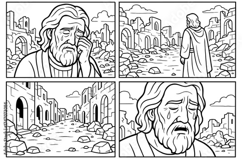 Jeremiah's lament panels in ruined cityscape for art and design inspiration