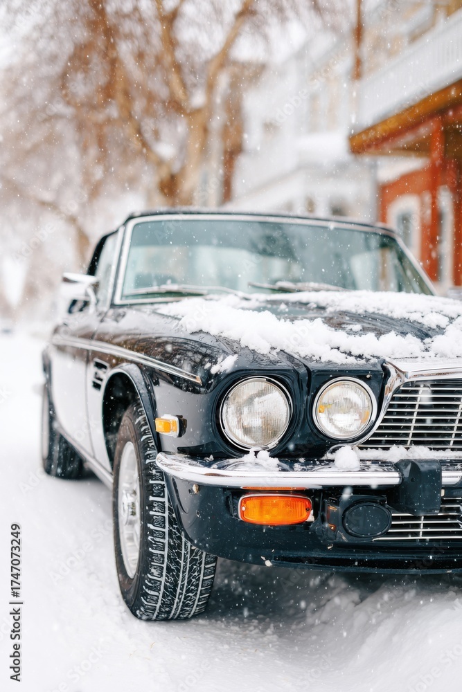 Fototapeta premium Snow-covered convertible parked under heavy snowfall, showcasing a classic car's elegance amidst winter scenery, creating a serene and picturesque atmosphere
