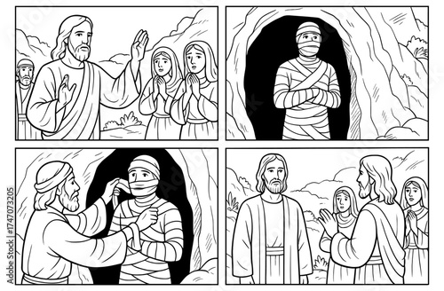 Biblical story panel of lazarus awakening from the tomb for religious education and design