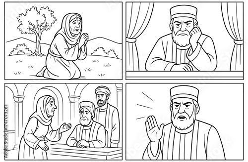 Widow's persistent prayer inspiring scene depicting perseverance and justice for faith-based education