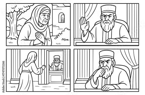 Widow's persistent prayer theme for inspirational storytelling and graphic design