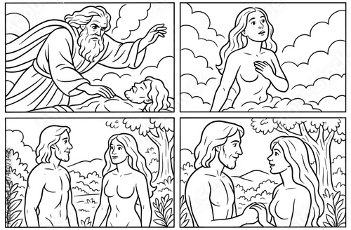 Biblical creation comic: adam and eve in the garden scene for educational use