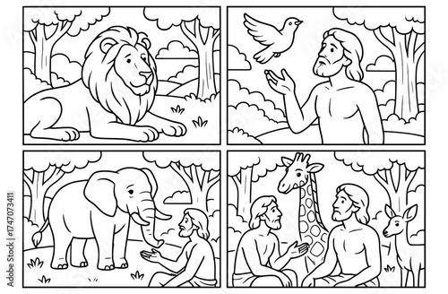 Adam naming animals scene for coloring pages with lion, elephant, giraffe, and bird in nature